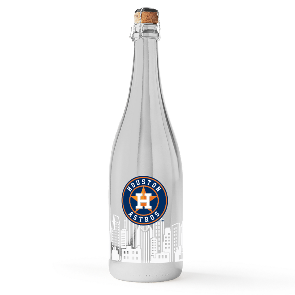 Mano's Wine metallic silver bottle of bubbly wine featuring the Houston Astros team logo and Houston skyline