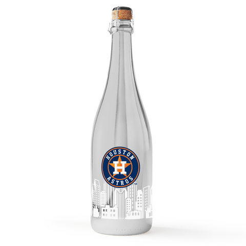 Mano's Wine metallic silver bottle of bubbly wine featuring the Houston Astros team logo and Houston skyline