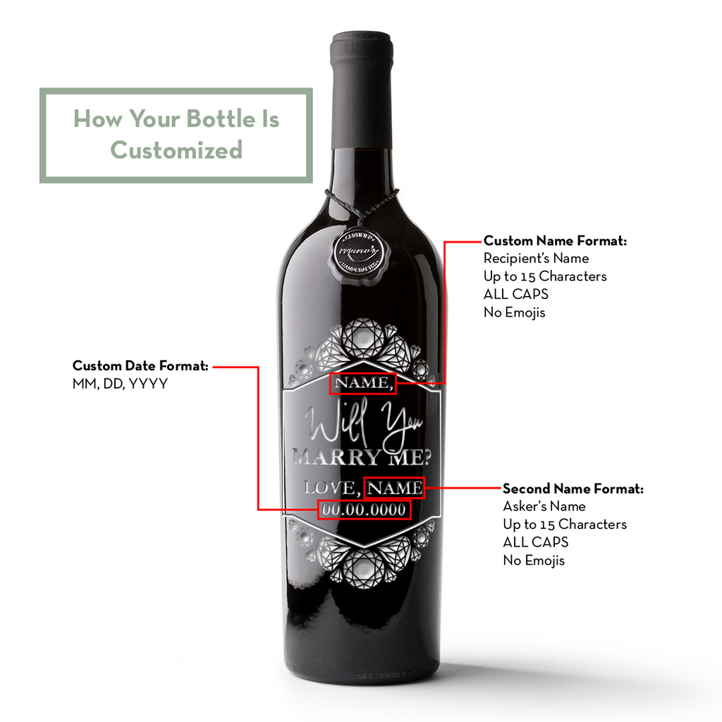 Custom Diamond Will You Marry Me Etched Wine Bottle