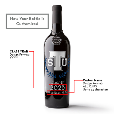 Tennessee State University Custom Alumni Etched Wine Bottle