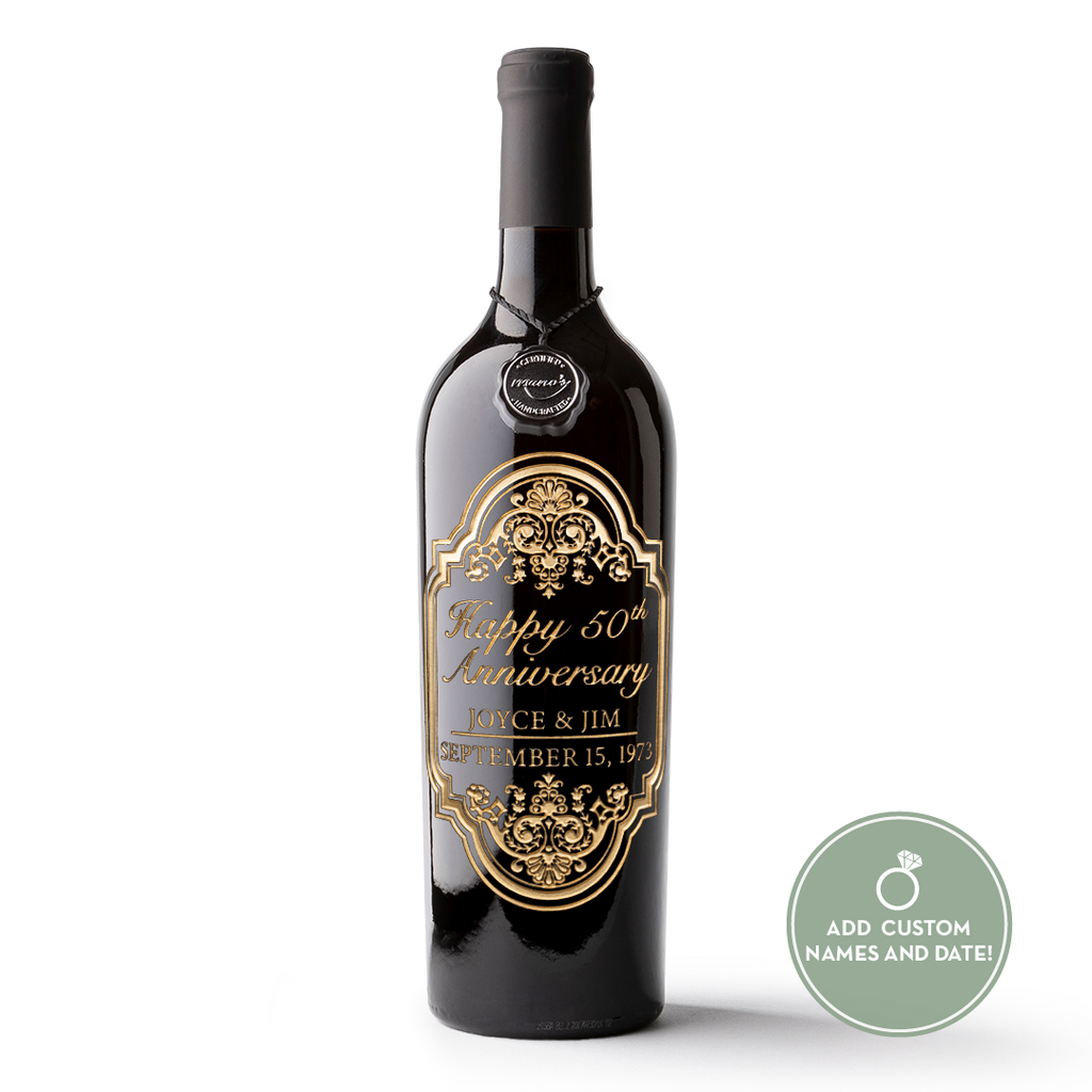 Gold 50th Anniversary Classic Frame Custom Etched Wine Bottle