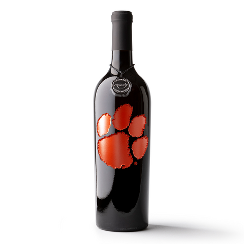Clemson University Tiger Paw Logo Etched Wine Bottle from Mano's Wine