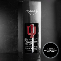 Every Indiana University 2025 National Champions 3L etched wine bottle shipped in Mano's Wine Black Gift Box