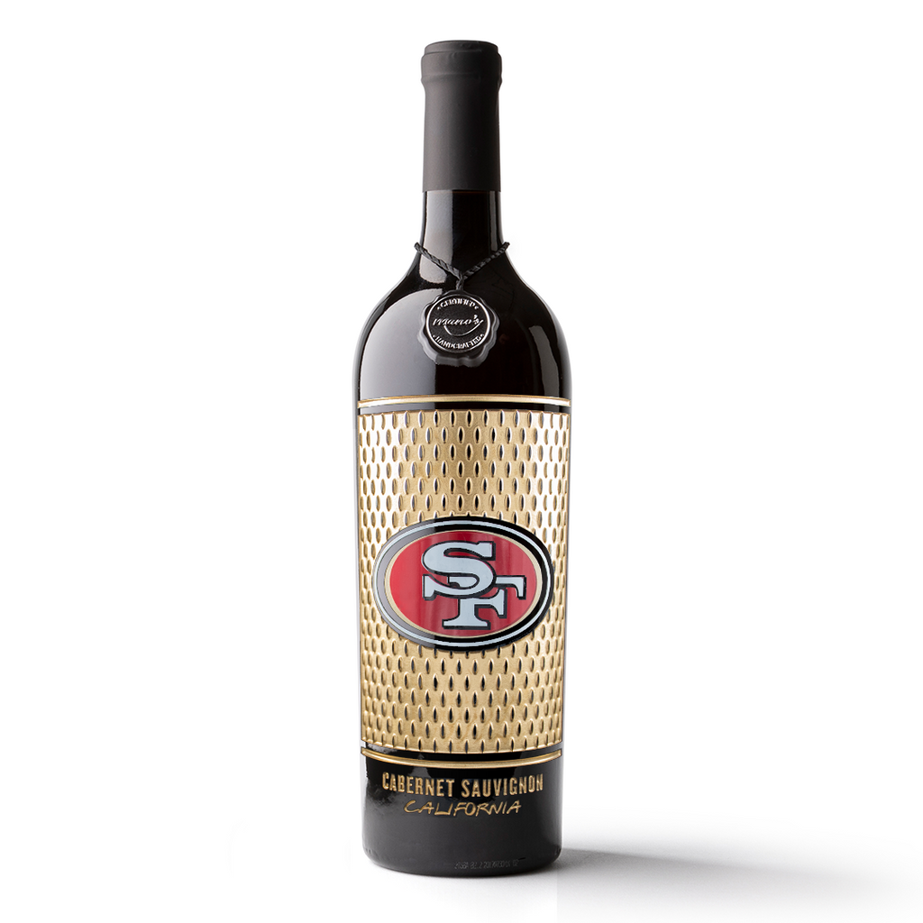An etched Cabernet Sauvignon wine bottle with the San Francisco 49ers team logo from Mano's Wine