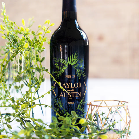 Wedding Foliage Frame Custom Etched Wine Bottle