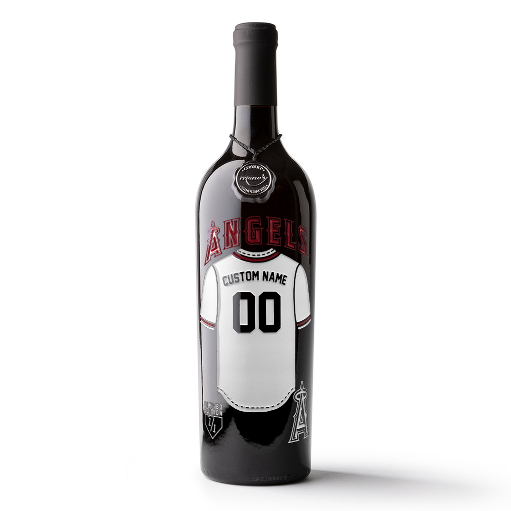 Mano's Wine bottle featuring a customizable Los Angeles Angels jersey etched on the wine bottle