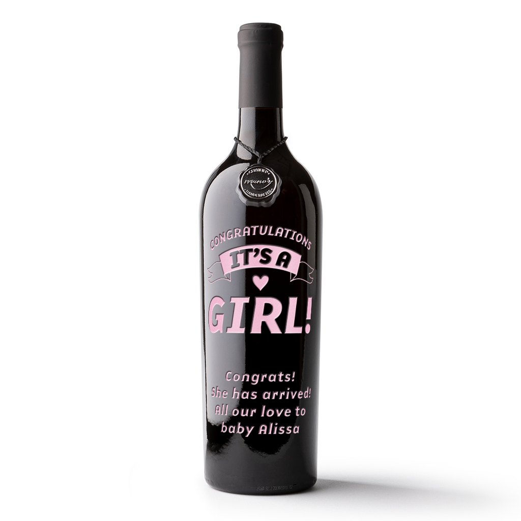Celebrate the birth of a newborn baby girl with customized etched wine