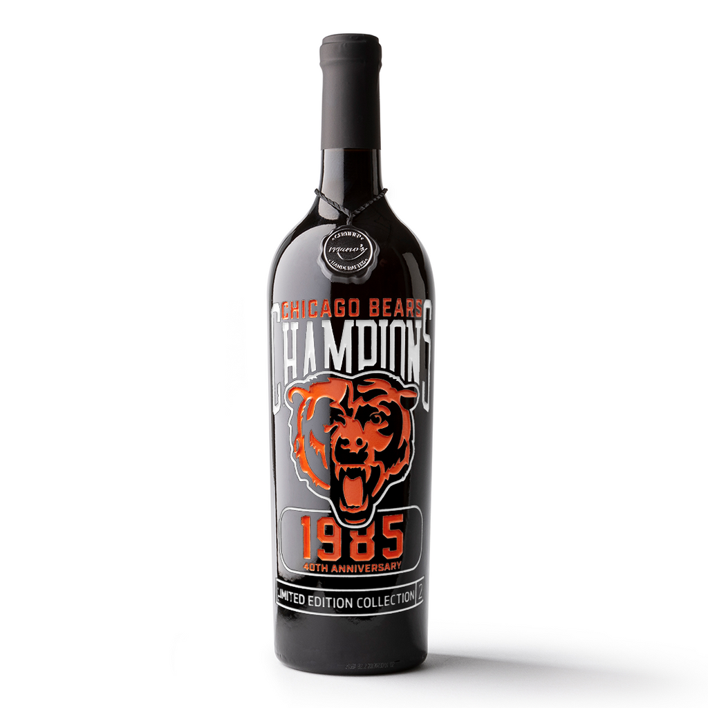 Cabernet sauvignon wine bottle etched with limited edition 40th anniversary of the Chicago Bears 1985 champions team