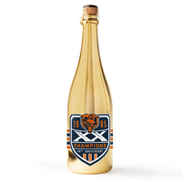 Gold bottle of bubbly wine with a label featuring the 40th anniversary of the 1985 Chicago Bears champions logo on a white background