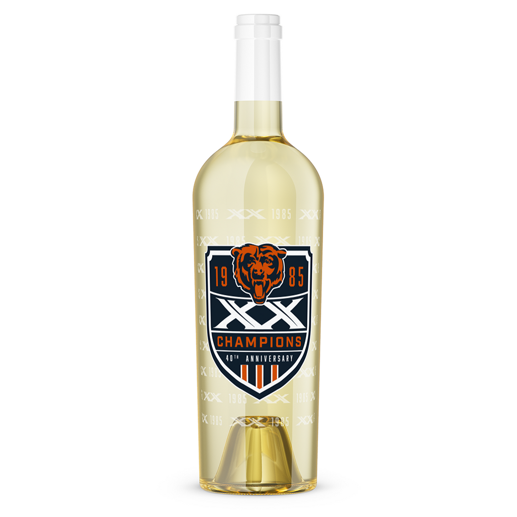 Chardonnay wine bottle with 40th anniversary of 1985 Chicago Bears championship team on a white background