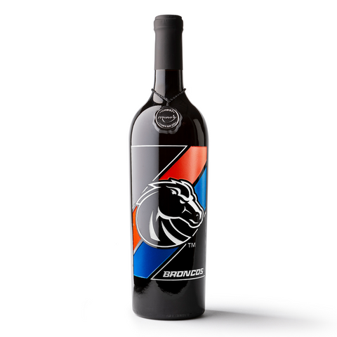 Order Boise State University blue and orange Stripes etched wine from Mano's Wine
