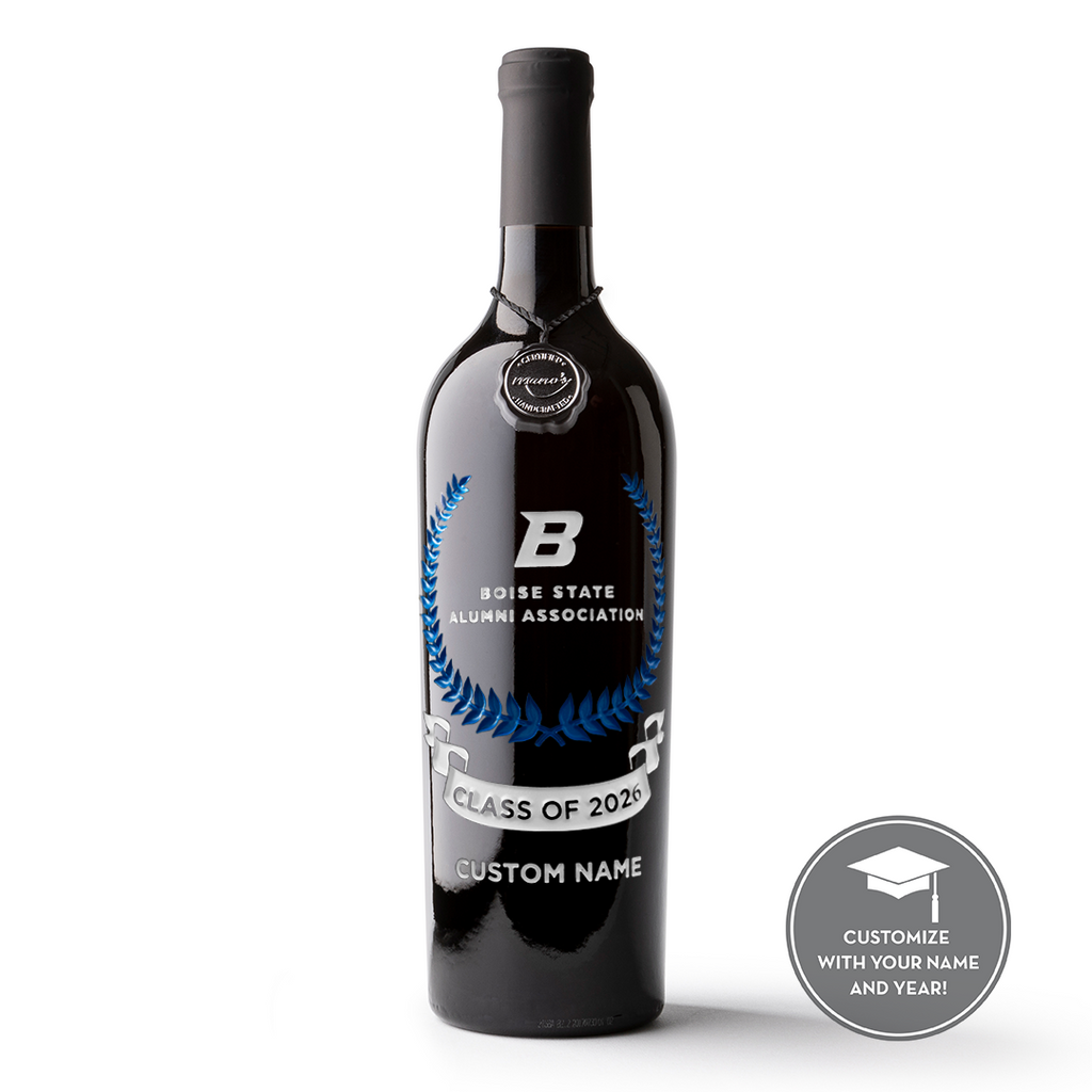 Add name and graduation year to a Boise State Custom Alumni Association Etched Wine bottle from Mano's Wine