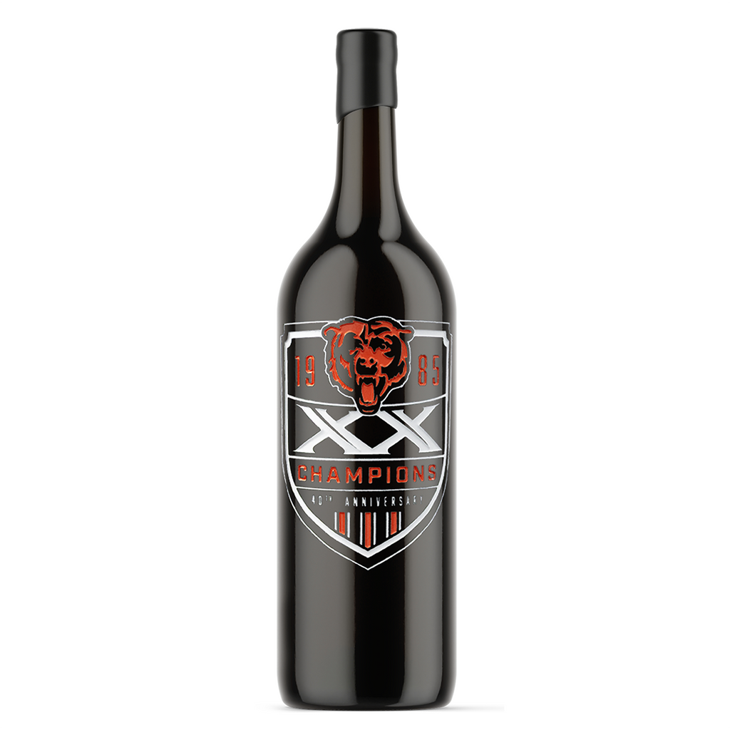 3L wine bottle featuring etched design of the 40th anniversary of the 1985 Chicago Bears championship team on white background
