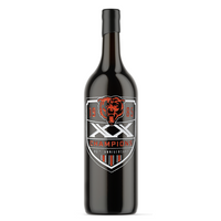 3L wine bottle featuring etched design of the 40th anniversary of the 1985 Chicago Bears championship team on white background