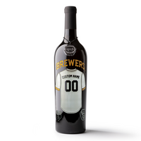 Mano's Wine bottle featuring a customizable Milwaukee Brewers jersey etched on the wine bottle
