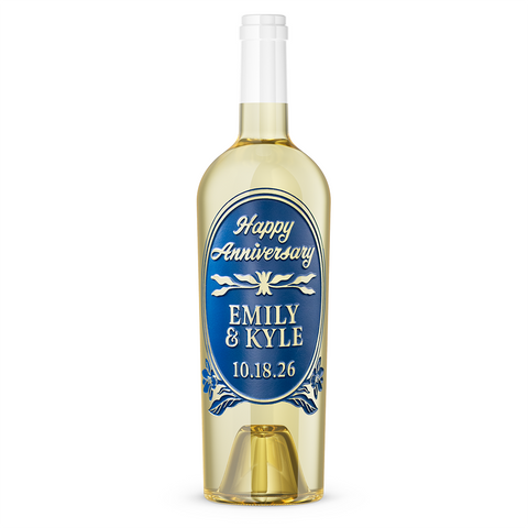 Happy Anniversary Emily & Kyle message etched on Mano's Wine Anniversary Floral Frame Chardonnay Custom Etched Wine