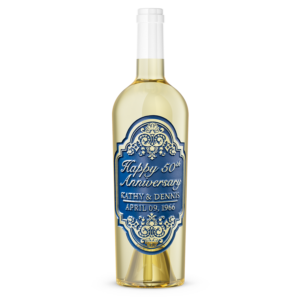 Happy 50th Anniversary wine message etched on the Anniversary Ornate Frame Chardonnay Custom Etched Wine