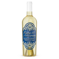 Happy 50th Anniversary wine message etched on the Anniversary Ornate Frame Chardonnay Custom Etched Wine
