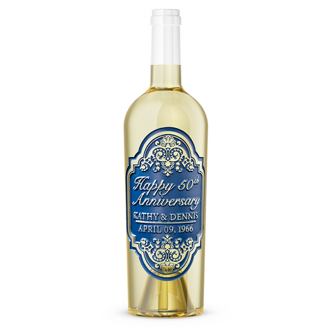 Happy 50th Anniversary wine message etched on the Anniversary Ornate Frame Chardonnay Custom Etched Wine