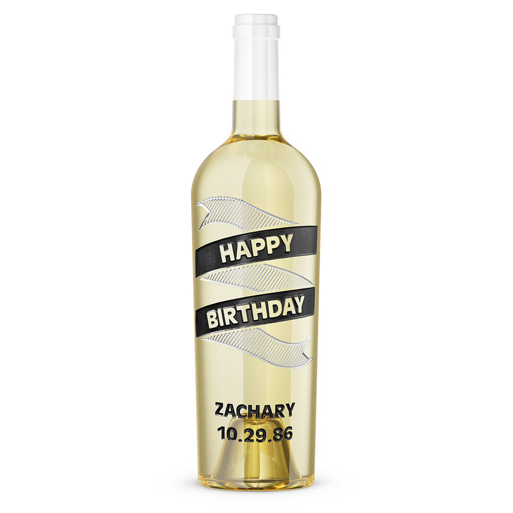 Happy Birthday Ribbon Chardonnay Custom Etched Wine