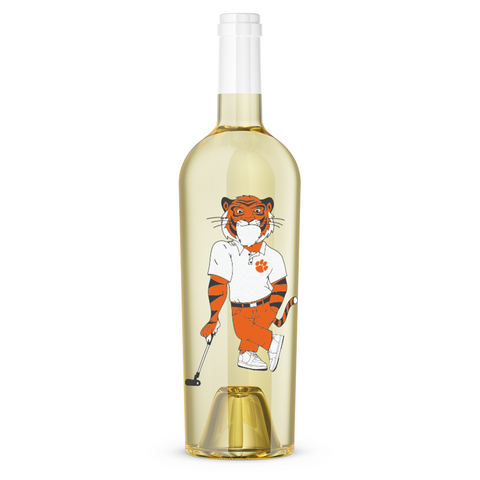 Mano's Wine sauvignon blanc wine bottle with Clemson University Tiger wearing a polo shirt holding a golf putter