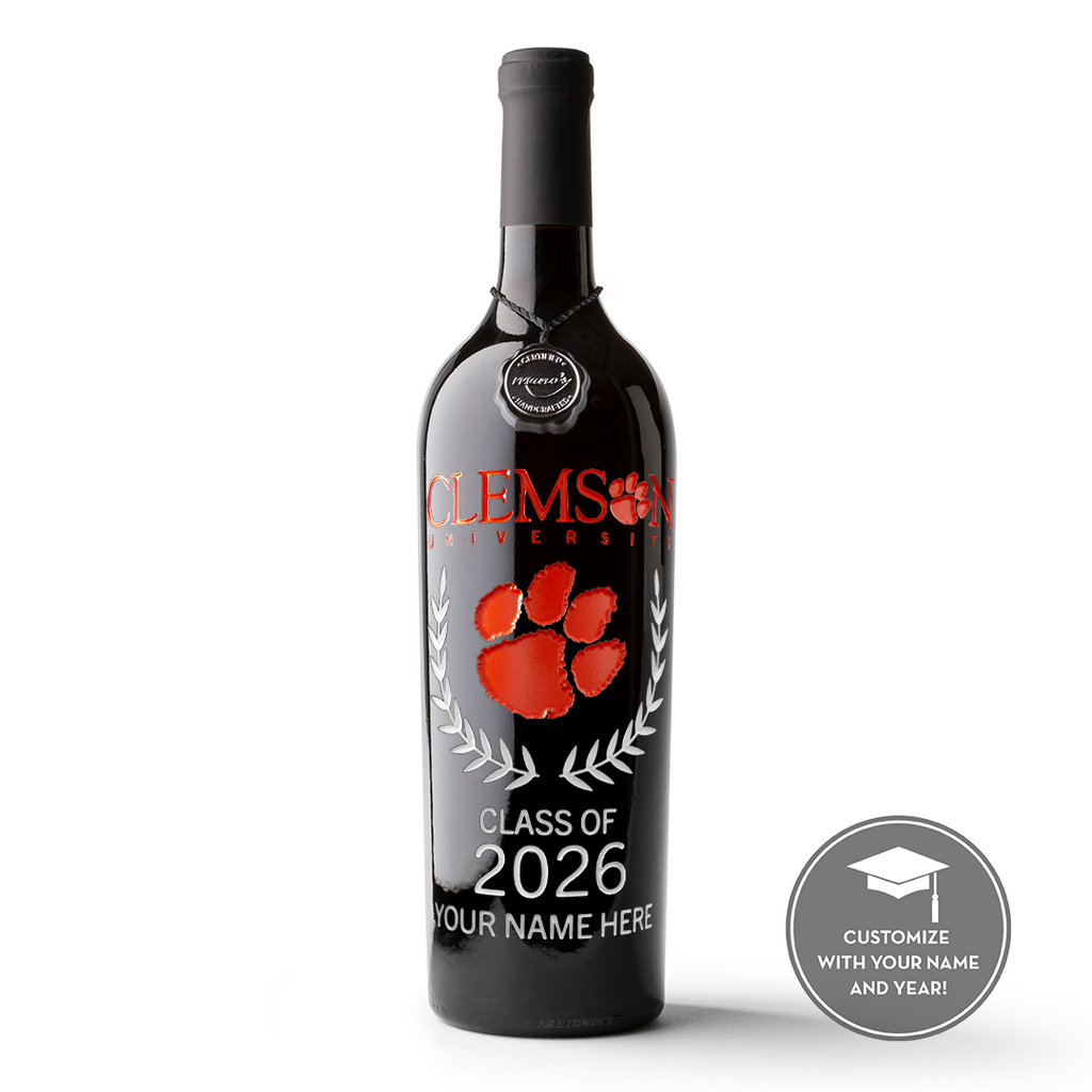 Add a name and graduating year to the Clemson University Custom Alumni Etched Wine bottle from Mano's Wine