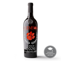 Add a name and graduating year to the Clemson University Custom Alumni Etched Wine bottle from Mano's Wine