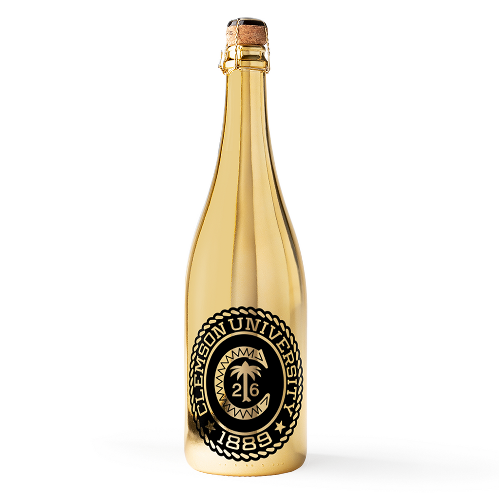 Gold bubbly wine bottle featuring Clemson University 1889 design