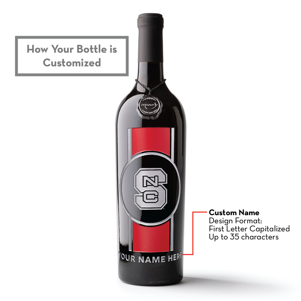 Mano's Wine NC State custom etched wine cabernet sauvignon bottle