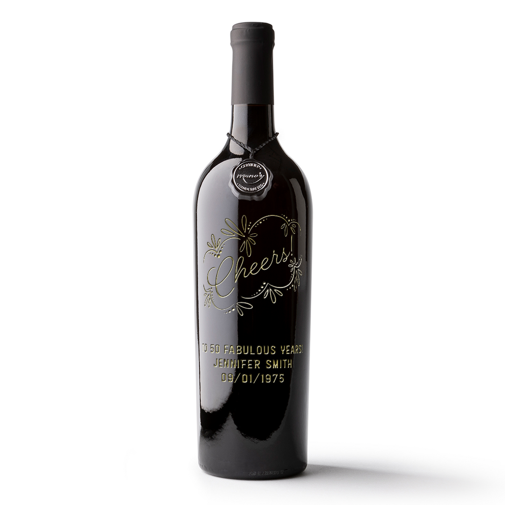 Wine bottle with Cheers etched into the customizable bottle