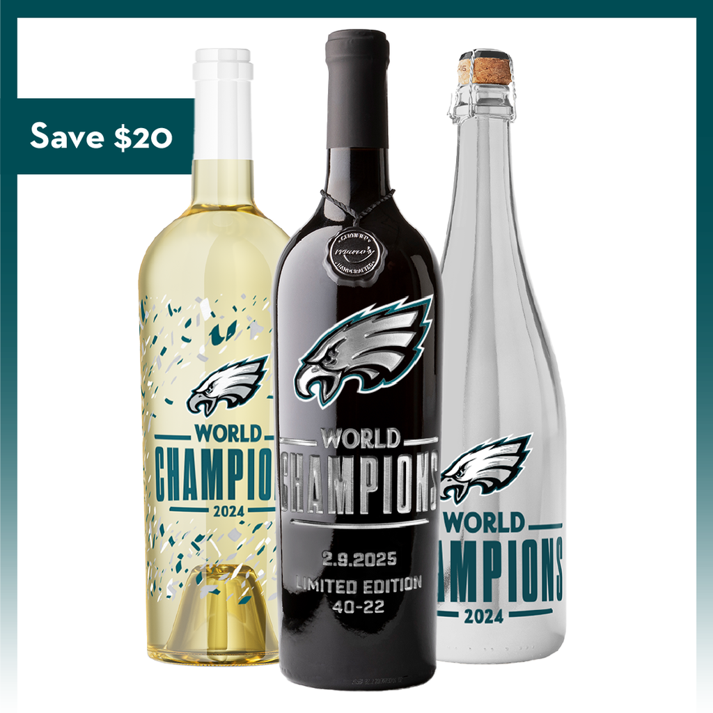 Philadelphia Eagles 2024 World Champions 3 pack of wine bottles from Mano's Wine