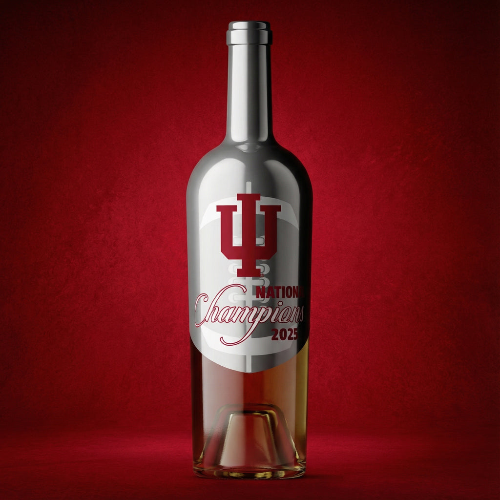 Silver Sauvignon Blanc wine bottle with red Indiana University 2025 National Football Champs on a red background