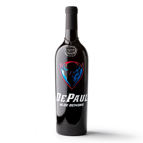 DePaul University cabernet sauvignon wine bottle etched with Blue Demons logo