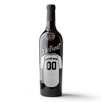 Mano's Wine bottle featuring a customizable Detroit Tigers jersey etched on the wine bottle