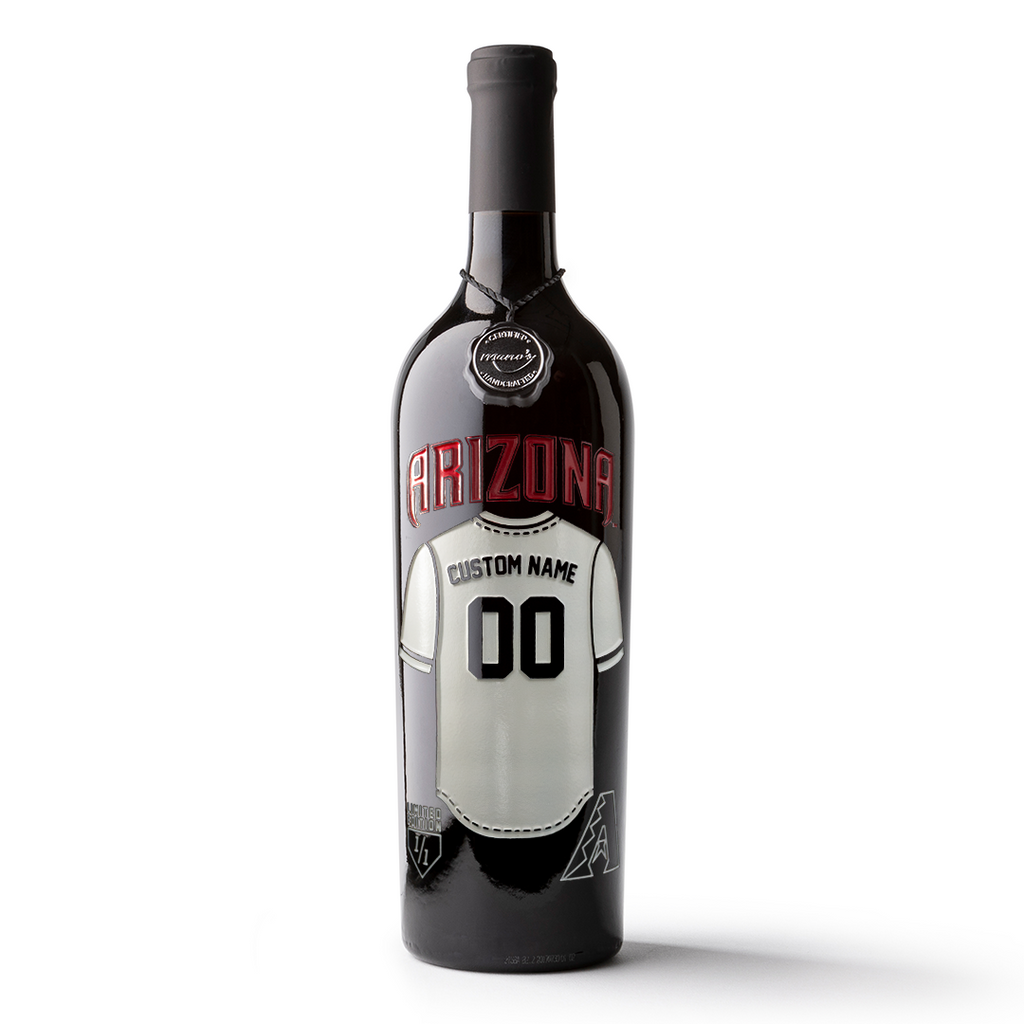 Mano's Wine bottle featuring a customizable Arizona Diamondbacks jersey etched on the wine bottle