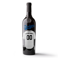 Mano's Wine bottle featuring a customizable Los Angeles Dodgers jersey etched on the wine bottle