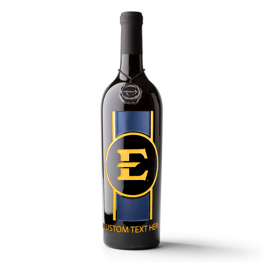 Mano's Wine bottle etched with East Tennessee State University E logo