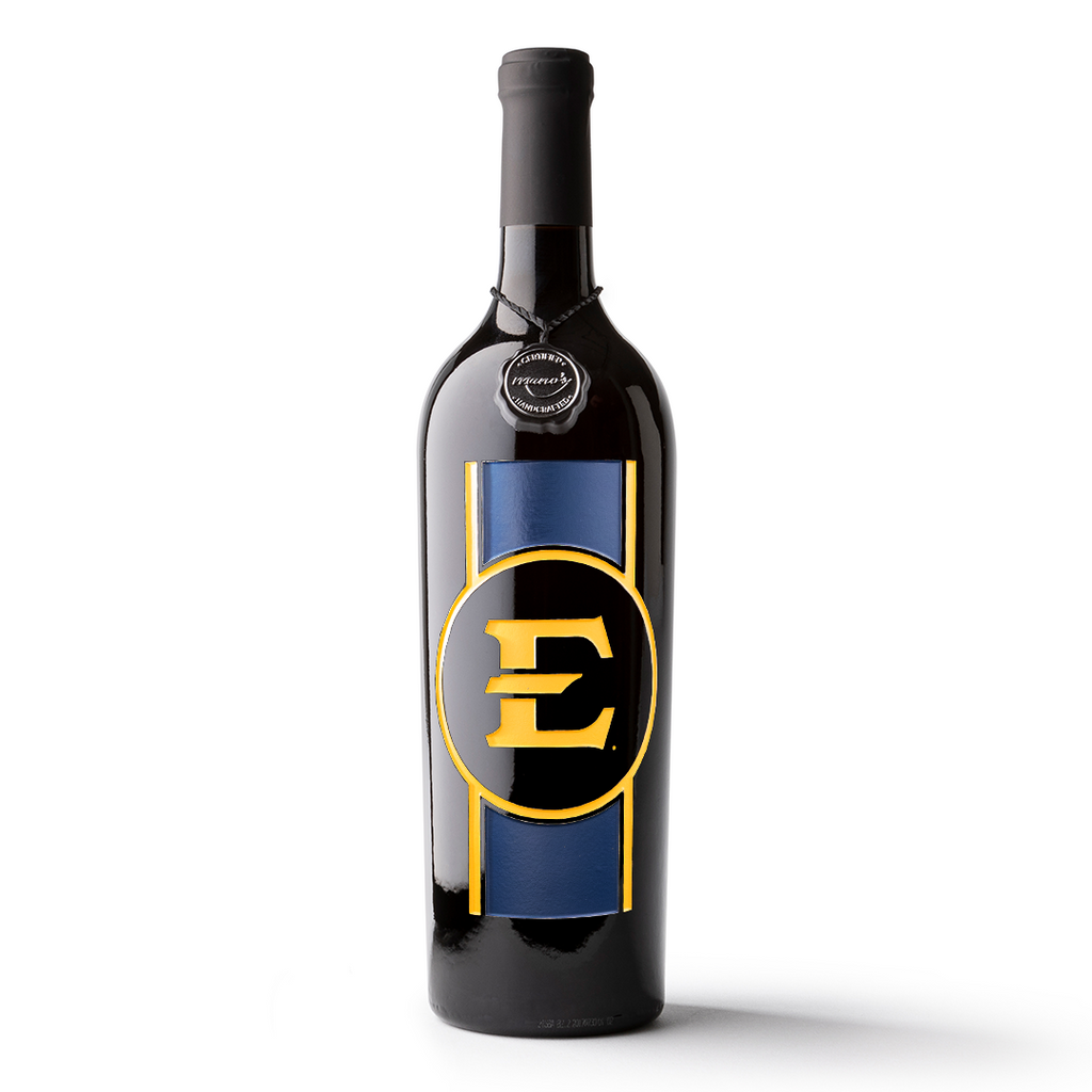 Mano's Wine bottle featuring etched East Tennessee State University Buccaneers logo