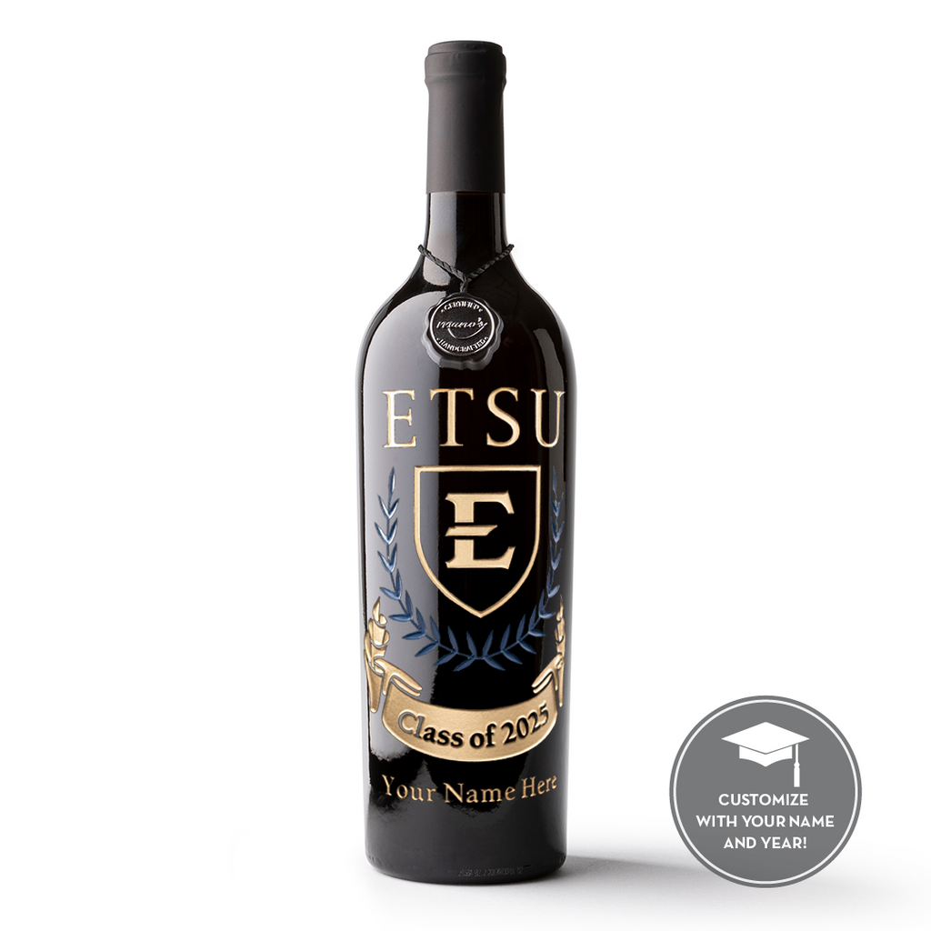 Custom East Tennessee State University alumni etched wine bottle from Mano's Wine