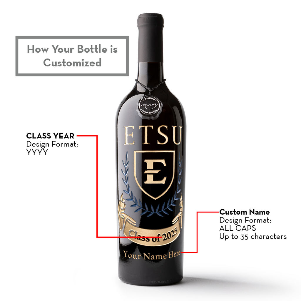 Customize a Mano's Wine bottle etched with East Tennessee State University alum name and graduating year