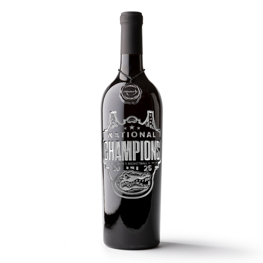 Mano's Wine bottle etched with silver University of Florida Gators logo and 2025 national champions text