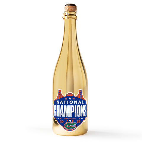 University of Florida 2025 National Champions Metallic Gold Bubbly wine bottle from Mano's Wine
