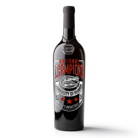 Orange and silver University of Florida 2025 National Champions Banner Etched Wine from Mano's Wine