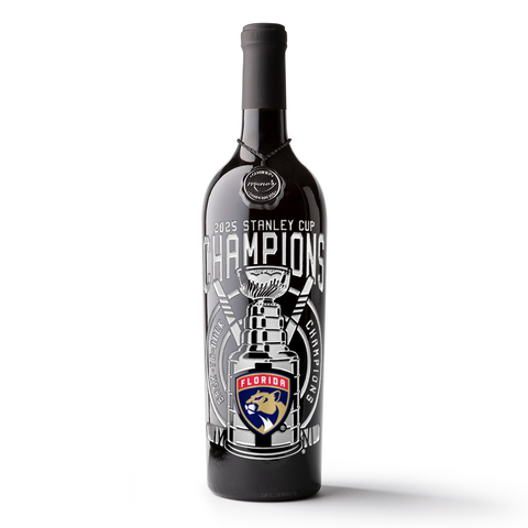 Florida Panthers 2025 Stanley Cup Champions design etched on Mano's Wine cabernet sauvignon wine bottle