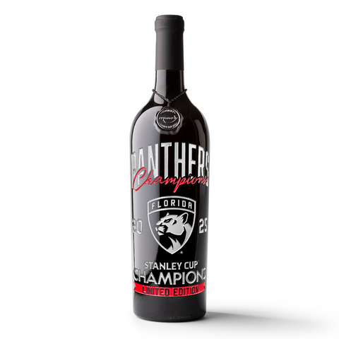 Limited edition Florida Panthers 2025 Stanley Cup Champions wine bottle from Mano's Wine