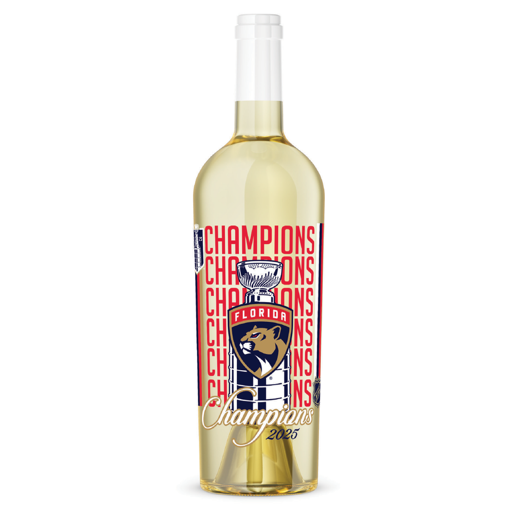 Florida Panthers 2025 Stanley Cup Champions chardonnay with trophy and team logo on Mano's Wine bottle
