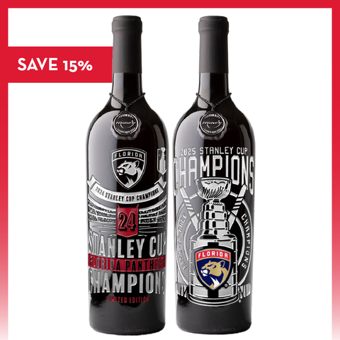 Two Mano's Wine bottles featuring etched designs of Florida Panthers back-to-back Stanley Cup Championships 2024 and 2025