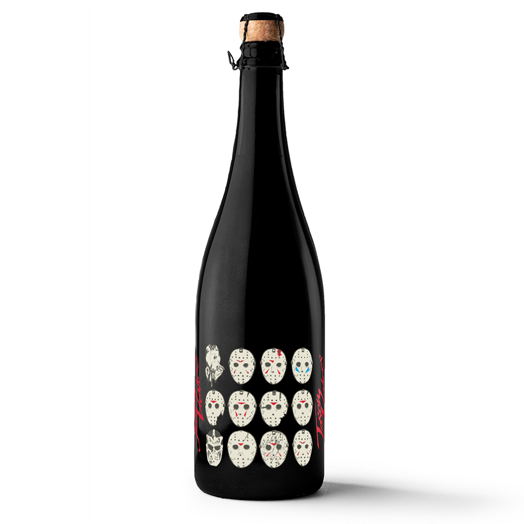 Mano's Wine matte black bubbly Halloween wine bottle featuring Friday the 13th Jason Mask Evolution