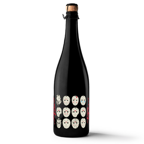Mano's Wine matte black bubbly Halloween wine bottle featuring Friday the 13th Jason Mask Evolution
