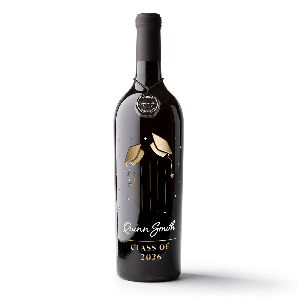Custom Graduation Cap Etched Wine with name and graduating class etched by Mano's Wine
